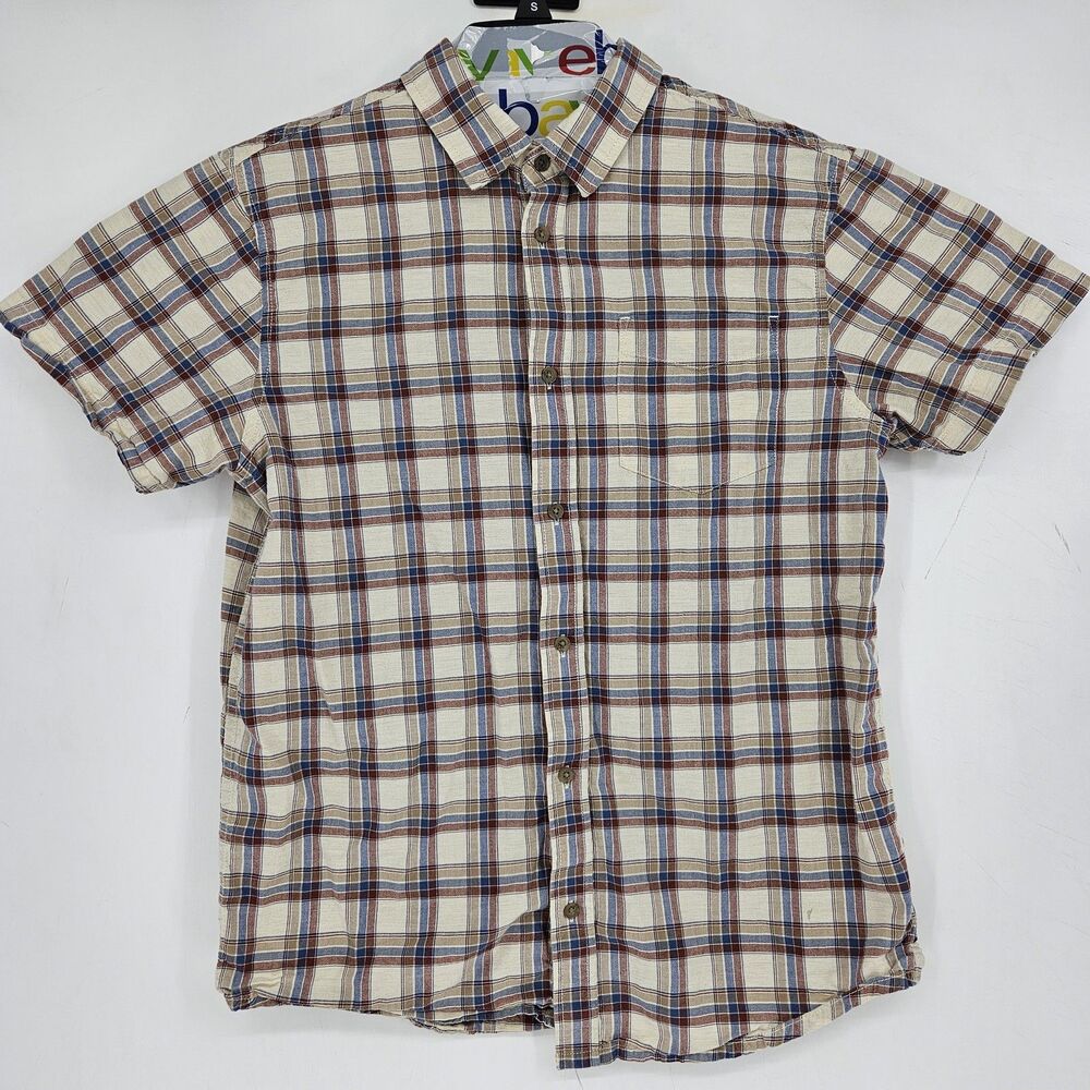 Prana Shirt Mens Medium Brown Blue Plaid Short Sleeve Button Up Casual‎ Cotton